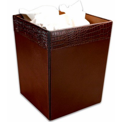 Crocodile Embossed Brown Leather Square Waste Basket