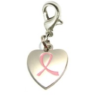 Pink Ribbon on Silver Heart Charm