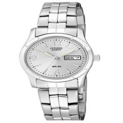 Citizen Ladies' Quartz in stainless steel with white dial featuring day and date.