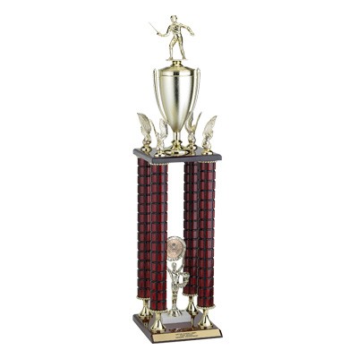 30" Mahogany Finish 4-Column Trophy w/Eagle Trim & Cup, Takes Figure & Insert