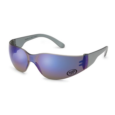 Grey frame, universal-fit temple, blue mirror lens, Starlite safety glasses