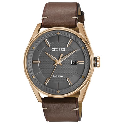 Citizen Men's Drive Eco-Drive Watch, Rose Gold-tone SS case, Brown Strap and Dark Grey Dial