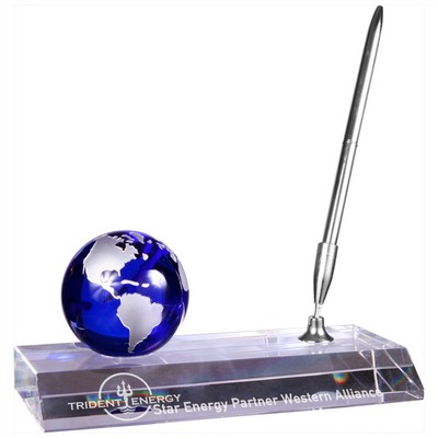 3" Blue Crystal Globe with Base and Pen