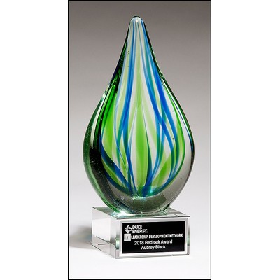 Droplet-Shaped Blue & Green Art Glass Award w/Clear Glass Base