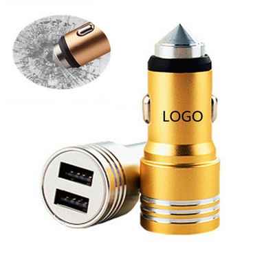 2 In 1 Dual USB Port Car Charger with Emergency Hammer