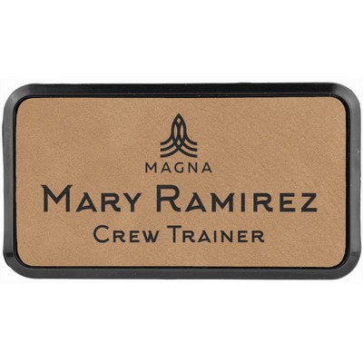 Light Brown Laser Engraved Leatherette Round Corner Badge & Frame (3" x 1 1/2")