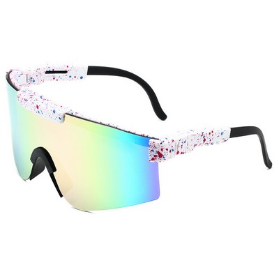 Goggle Sunglasses - Pink Mirror Lenses - White Frames