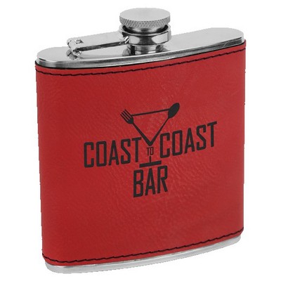 Stainless Steel Flask with Red Faux Leather, Engraved, 6 oz