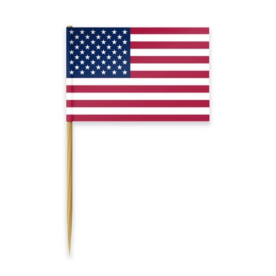 USA toothpick flag measuring 1" x 1.5", printed on 2-ply paper, and attached to a 2.75" stick.