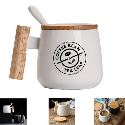 Woodland Mug - Porcelain Mug With Bamboo Lid, Spoon And Wooden Handle - 12 Oz.