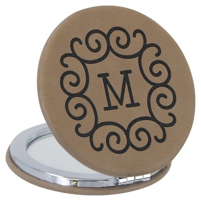 2 1/2" Light Brown Laserable Leatherette Compact Mirror