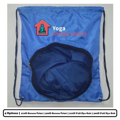 Solid Color Polyester Drawstring Bag With Circular Mesh Pocket - Screen Print, Heat Press