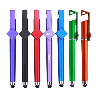 3-in-1 Sleek Multifunction Soft Touch QR Code Ballpoint Pen w/Stylus & Phone Stand & Removable Cap