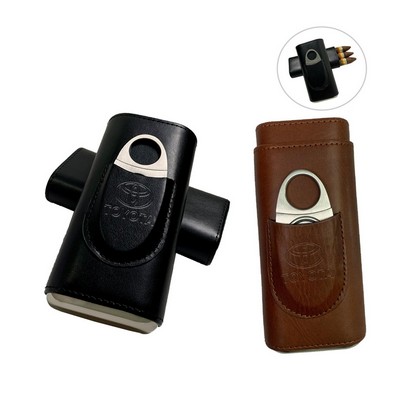 Debossed 3-Finger PU Leather Cigar Case with Cigar Cutter