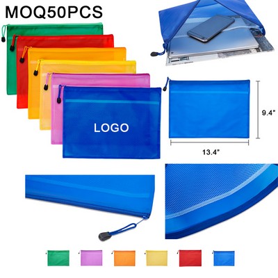 13 2/5"x9 2/5" PVC Organizing Holder Bag w/Front Mesh Pocket & Zipper Closure (MOQ 50pcs)