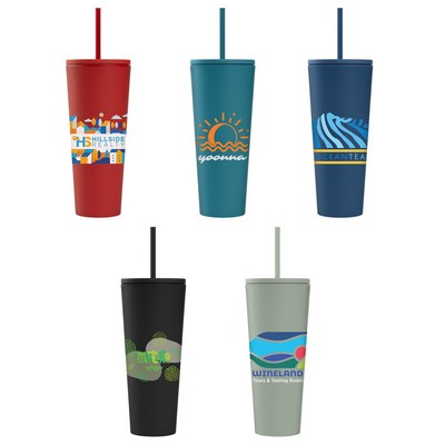 Spire - 24 oz Soft Touch Double Wall Recycled Plastic Tumbler w/ Straw - ColorJet