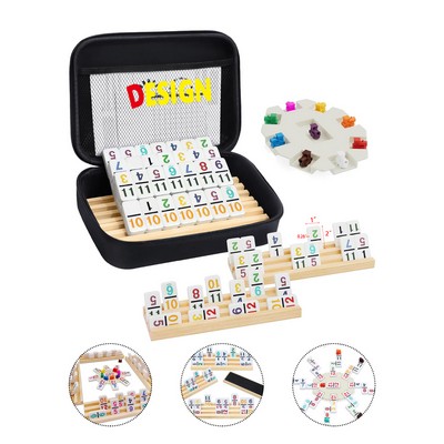 Mexican Train Dominoes Set with Numbers and 4 Wooden Trays Racks