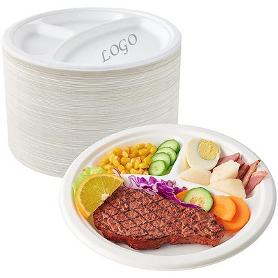 9" Three Compartment Bagasse Fiber Disposable Plates