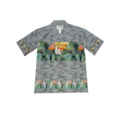 Gray Hawaiian Border Print Cotton Poplin Shirt w/ Button Front