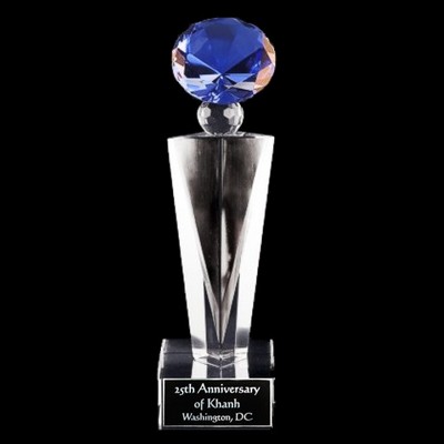 Solid Crystal Engraved Award - 10" large - Elegante Blue Diamond