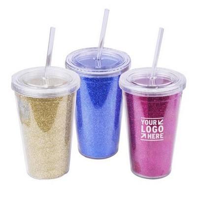 16 Oz. Double Walled Glitter Cup With Snap-On Lid