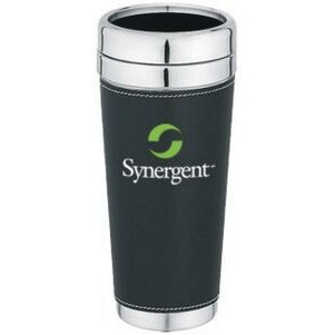 16 Oz. Stainless Steel Tumbler w/Black Faux Leather Sleeve