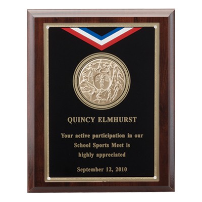 Walnut Finish Plaque w/Embossed Black Aluminum Plate & 2" Medallion Insert (7"x9")