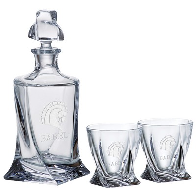 Quadro Decanter (28.75 oz.) with Two Matching (11.5 oz.) Quadro Rocks Glasses Set (3 Piece Set)