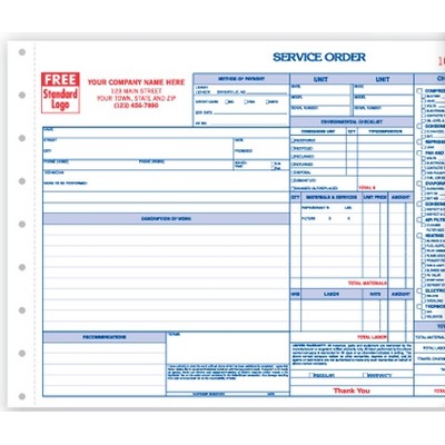 HVAC Horizontal Service Order/Invoice Form (3 Part)