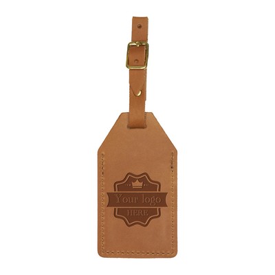 Full-Grain Leather Sewn Luggage Tag w/Flap & Buckle Strap-info card- Made in USA