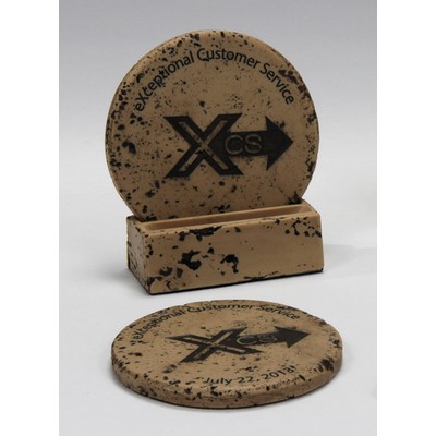 2-Pc Round Travertine-Texture Coaster Set w/Base w/Wash