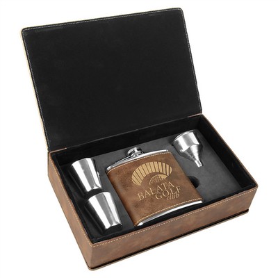 Laserable Rustic/Gold Leatherette 6 Oz. Flask Gift Set