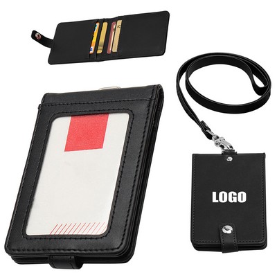 PU Lanyard 5 Pockets Folded PU Leather Card Holder