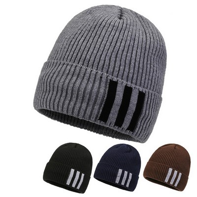 Striped Acrylic Knitted Beanie Cap with Ear Cover