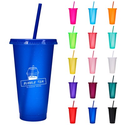 24 Oz. Reusable Colorful Sequin Plastic Straw Cup W/ Splash Proof Lid