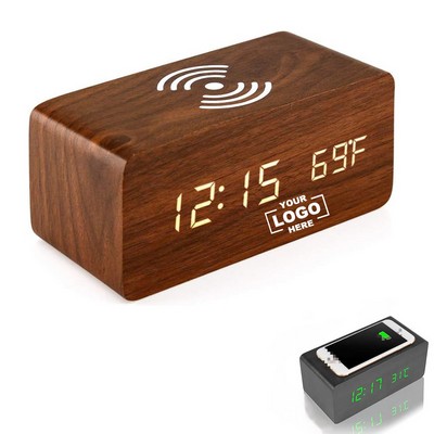 Wooden Digital Alarm Clock with Wireless Charger