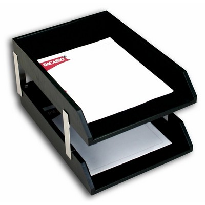 Classic Black Leather Double Front Load Legal Sized Letter Tray w/Silver Post