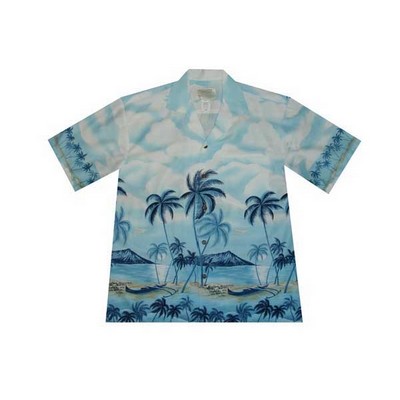 Blue Hawaiian Border Print Cotton Poplin Shirt w/ Button Front