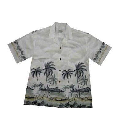 Green Hawaiian Border Print Cotton Poplin Shirt w/ Button Front