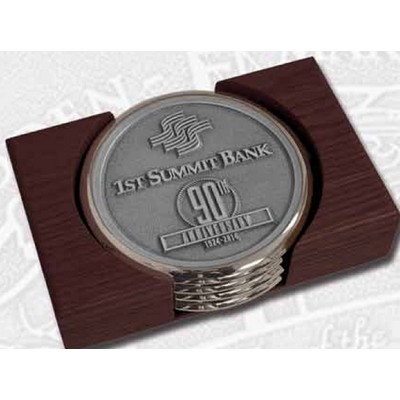 Nickel Plated Boardroom Coaster w/ Pewter Insert - Set of 4 w/ Holder