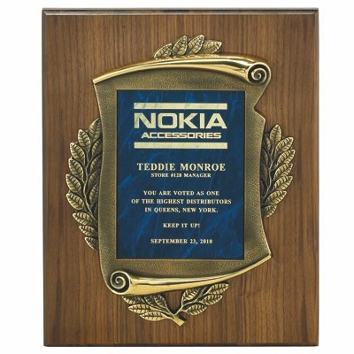 Vertical Walnut Finish Plaque w/Antique Brass Scroll & Engraving Plate (12"x15")