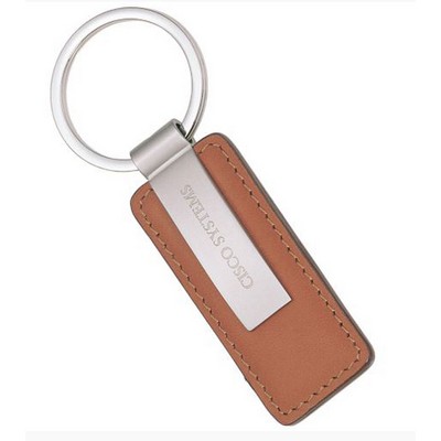 Rectangular Brown Leather Key Chain with Short Metal Strip