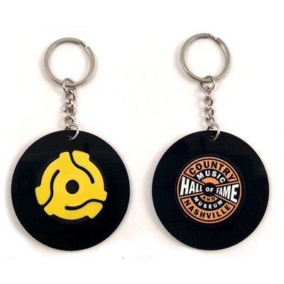 Recycled Vinyl Record Key Chain - 1 Sided Imprint, 1 Side Plain Colored 45rpm Adapter