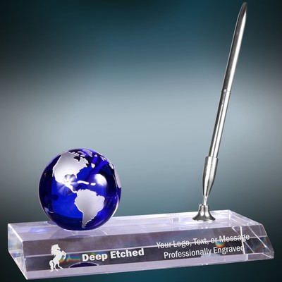 7" x 3" Blue Crystal Globe with Base and Pen