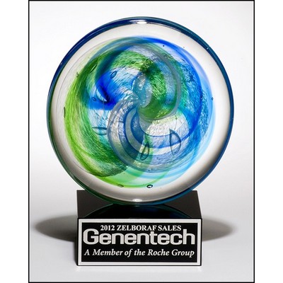 Art Glass Disk Award w/Blue & Light Green Accents On Black Glass Base