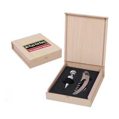 York Wooden Case with Wine Opener and Stopper Set