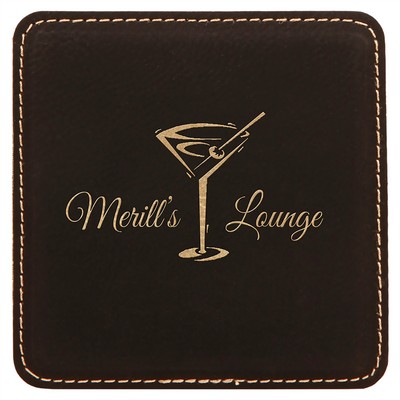 4" x 4" Square Laserable Coaster, Black-Gold Leatherette