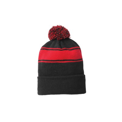 Classic Knit Stripe Beanie w/Pom, Black/Red