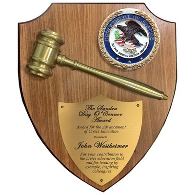 Department of Justice Walnut Veneer Shield Plaque w/Gavel (11" x 13")