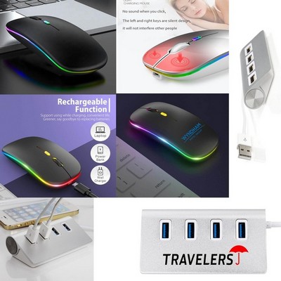 Kidder 4 Port USB Aluminum Hub + LED Wireless Mouse (Black)